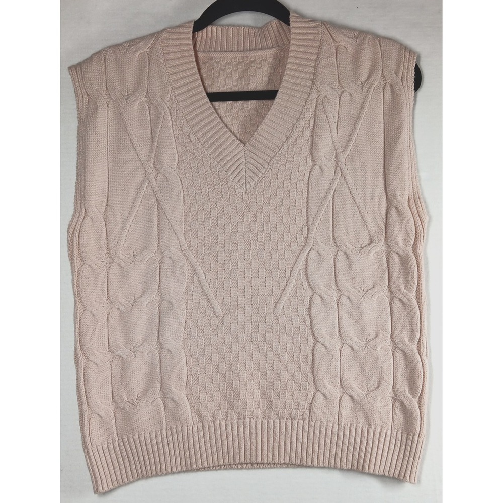 Women's V-Neck Cable Knit Sweater Vest Solid Beige Sleeveless Pullover Size S